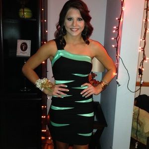 One Shoulder Black & Teal Dress